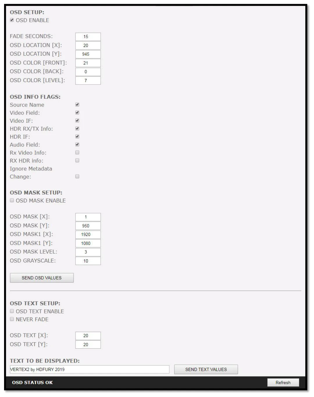 HDfury Vertex² – Webserver – Bereich OSD