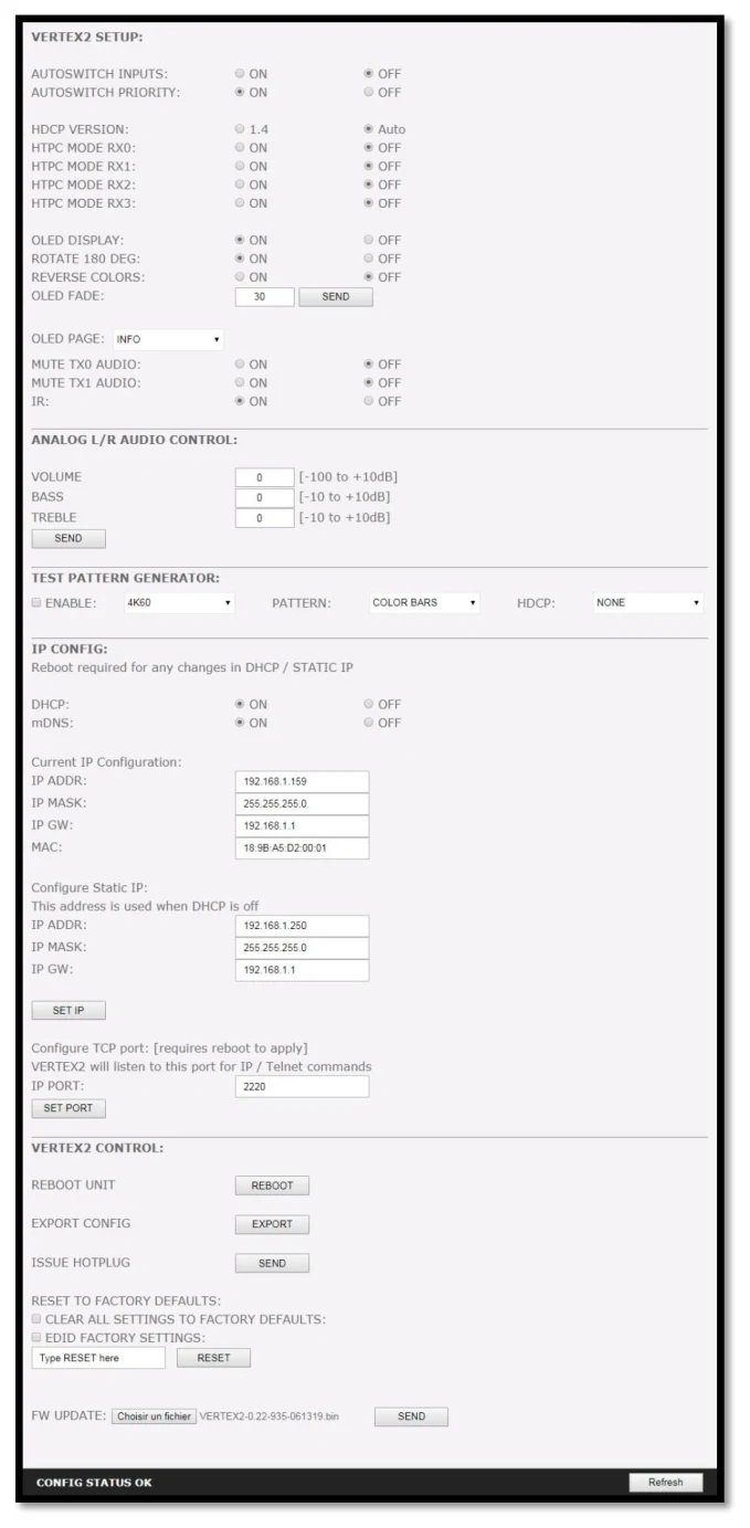 HDfury Vertex² – Webserver – Bereich CONFIG