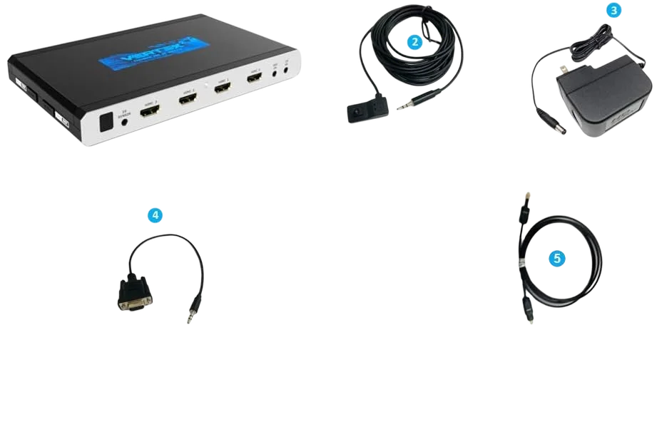 Vertex² package contents: unit, IR receiver cable, power supply, RS232 cable and optical cable