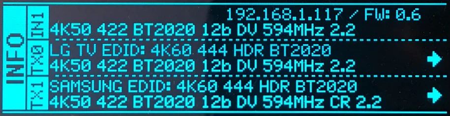 Vertex² OLED display reporting outgoing HDMI signal information